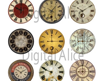VINTAGE CLOCK FACES Craft Circles - Instant Download Digital Printable  -Bottlecaps, Stickers,Steampunk Industrial antique dials - 4 sizes