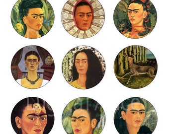 FAMOUS ARTIST Frida Kahlo Craft Circles - Art Painting Instant Download Digital Printable  -Bottlecaps Collage Sheet -  DiY