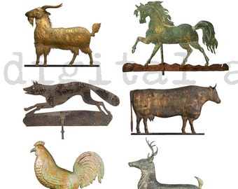 ANTIEKE WEATHERVANES PRINT - Instant Printable Digitale Download - Collage Sheet Wall Art Paper Crafts - Old Metal Animal Weathervane