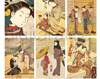 日本の歌舞伎浮世絵版画、即時ダウンロード - デジタルダウンロード ACEo AtC カード タグ、ミニチュア、日本の演劇アート