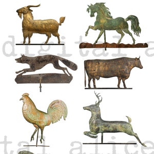 Puede incluir: Una colección de ocho veletas de metal vintage que representan varios animales, incluyendo una cabra, un caballo, un zorro, una vaca, un gallo, un ciervo, una oveja y un cerdo. Las veletas están todas hechas de metal desgastado con una pátina dorada y verde.