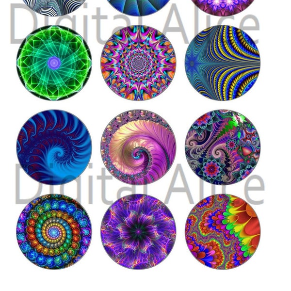 KALEIDOSCOPE FRACTAL CIRCLES-12 Far Out Psychedic Swirl Patterns - Instant Download Printable - 2 , 1.5 and 1 in circles Bottlecaps Jewelry