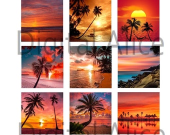 SUNSET SQUARES  -12 Tropical sunset Palm Trees Beach - Instant Download Printable - 2 and 1 in squares Bottlecaps Jewelry Party