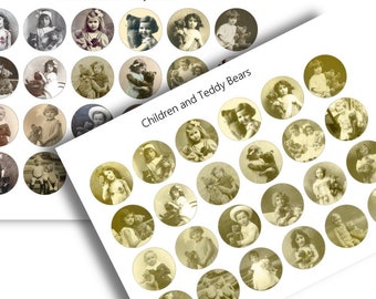 Antike TEDDYBÄR FOTOS Mädchen mit Teddies Bastelkreisen - Viktorianische Fotografien - Digitaldruckbare Flaschenkapseln Cupcakes Collage Sheet