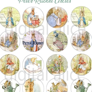 PETER RABBIT Craft Circles - vintage Beatrix Potter Bunny - Téléchargement instantané Digital Printable Bottlecaps clip art Cupcakes Collage Sheet