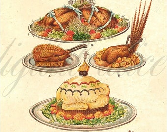VINTAGE CULINARY PRINT Download - Antique Mrs. B's Festive Poultry and Game Dishes -Instant Download Digital Printable Poster - Kitchen Art