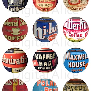 Vintage TIN COFFEE CANS circles  -Instant Download Digital Printable-  - 12 cans - Old Coffee Tins DiY Print as many as you like