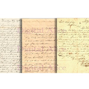 LETRAS ESCRITAS A MANO ANTIGUAS DE 1800 - Paquete de papel digital - 3 Cartas antiguas - Descarga instantánea Papeles imprimibles digitales - DiY
