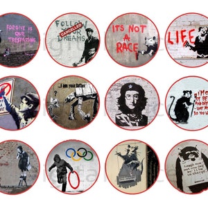 May include: Twelve round stickers featuring various black and white images by the artist Banksy. The stickers feature iconic Banksy artwork including a rat holding a paintbrush, a girl holding a balloon, and a man holding a paint roller. The stickers are printed on white paper with a red border.