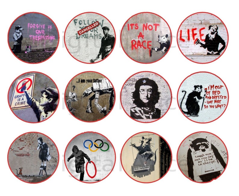 May include: Twelve round stickers featuring various black and white images by the artist Banksy. The stickers feature iconic Banksy artwork including a rat holding a paintbrush, a girl holding a balloon, and a man holding a paint roller. The stickers are printed on white paper with a red border.