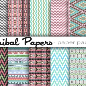 TRIBAL PATTERNS Paper Pack- Digital Download - 10 Printable Papers- Aztec,Navajo,Bohemian,Zigzag,Chevron,Arrow