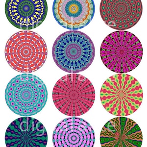 May include: Twelve colorful mandala designs with intricate patterns in shades of blue, green, red, pink, yellow, and purple. The mandalas are arranged in a grid pattern.