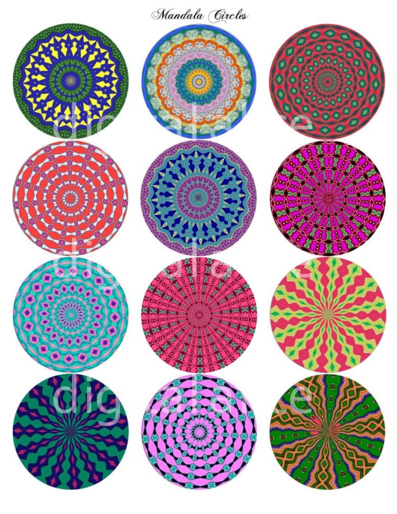 May include: Twelve colorful mandala designs with intricate patterns in shades of blue, green, red, pink, yellow, and purple. The mandalas are arranged in a grid pattern.