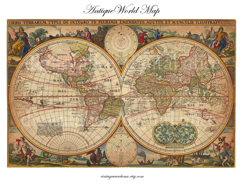 ANTIQUE Circa 1670 WORLD MAP -instant Download Digital