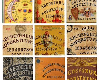 May include: A set of nine vintage-style Ouija boards with different designs and colors. The boards feature the letters of the alphabet, numbers, and the words "yes", "no", and "goodbye".