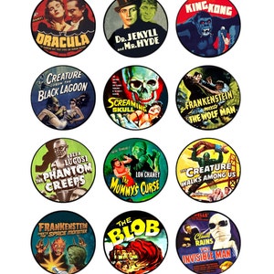 May include: A set of 12 round stickers featuring classic horror movie posters. The stickers feature iconic monsters like Dracula, Frankenstein, the Creature from the Black Lagoon, and King Kong. Each sticker has a colorful design with bold text and images.