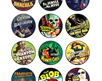 Old HORROR MOVIES Craft Circles -Instant Download Printable - Scary Movies Frankenstein Dracula stickers,  Halloween Party DiY