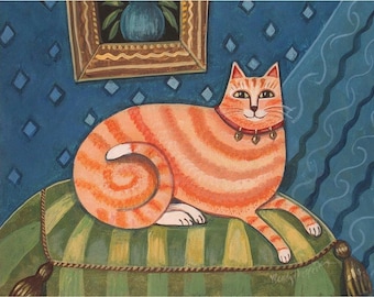 Cat FOLK ART PRINT - Pampered Kitty- primitive painting print-  signed Wendy Presseisen