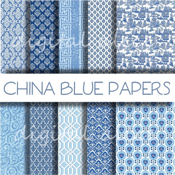 CHINA BLUE TEXTURES Paper Pack- Digital Papers - 10 Oriental Asian Damask Chinoiserie Toile,Instant Printable Download