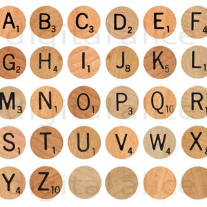 Puede incluir: Veintiséis fichas de madera con las letras del alfabeto y sus valores de puntos correspondientes del juego Scrabble. Las fichas están dispuestas en una cuadrícula.