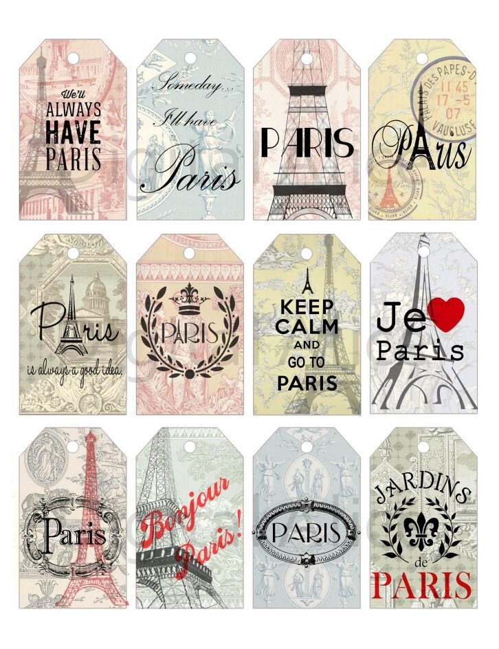 PARIS QUOTES - EIFFEL ToWER Tags - Instant Download Digital Printable tags,cards  - DiY