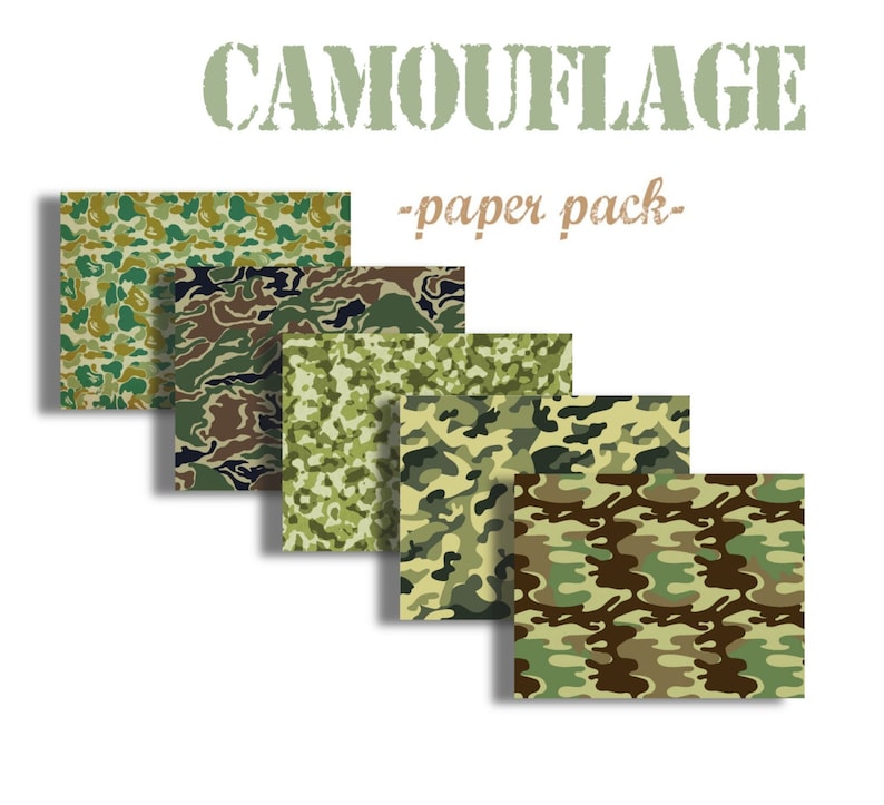 Puede incluir: Un conjunto de cinco hojas de papel digital con diferentes patrones de camuflaje en tonos de verde, marr&oacute;n y negro. El texto "CAMOUFLAGE -paper pack- " se muestra sobre las hojas.