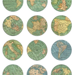 VINTAGE MAP Craft Circles -Download instantâneo para impressão digital- -Folha de colagem de tampas de garrafa - 4 tamanhos - Faça você mesmo Imprima quantos quiser