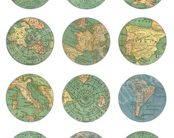 Mapas del mundo vintage: círculos para manualidades – Hoja de collage imprimible (descarga digital)