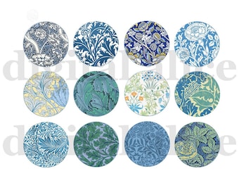 WILLIAM MORRIS DECO Craft Circles - Digital Download Collage Sheet, Art Nouveau 1920's Great Gatsby Patterns Bottlecaps Printables