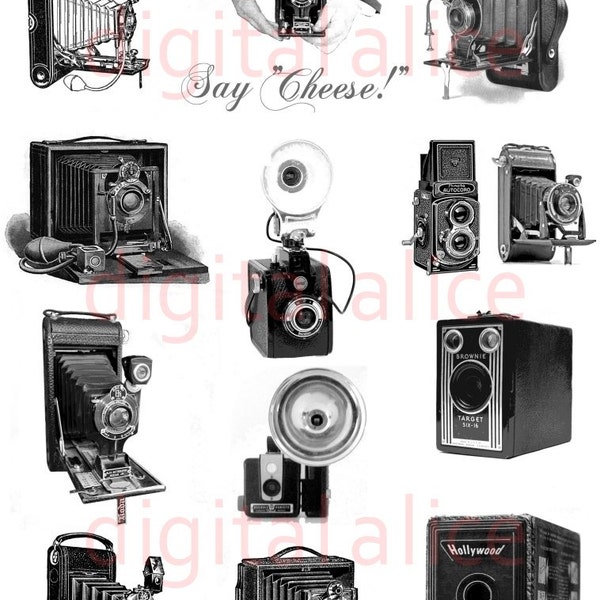 ANTIQUE CAMERA PRINT - Digital Download - Collage Sheet Printable - Vintage Cameras