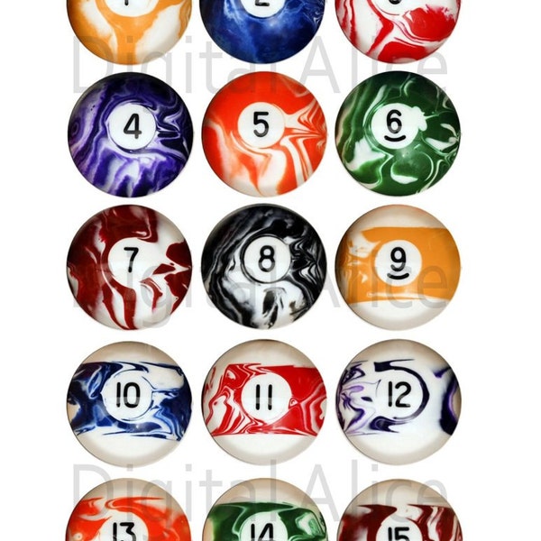 Colorful SWirLY VINTAGE BILLIARD BALLS Craft Circles - 30mm -Pool,Billiards,Pub, Stickers Bottlecaps More - DiY Instant Download