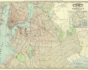 Vintage BROOKLYN MAP - Old Map 1891 Brooklyn NY -  Colorful Antique Map Instant Download Digital Printable Map