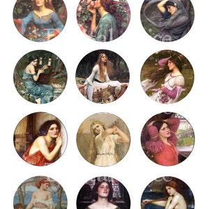 May include: A collection of 12 circular images featuring paintings by John William Waterhouse. Each image depicts a woman in a different pose and setting, with varying colors and styles.