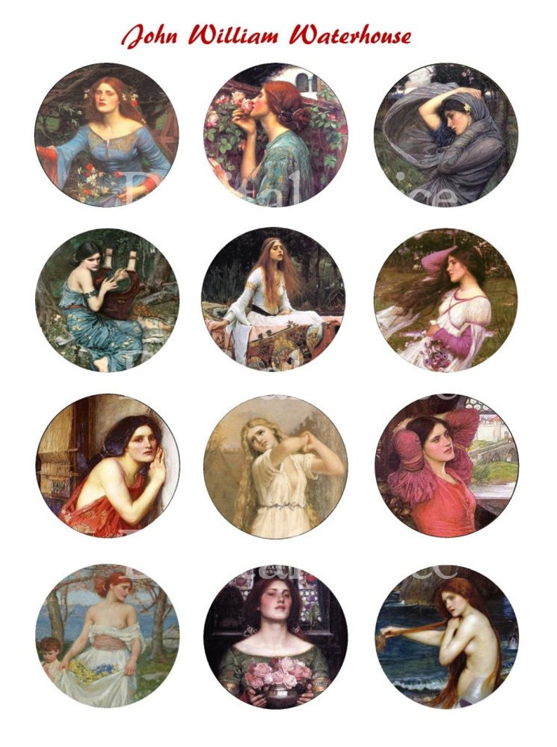 May include: A collection of 12 circular images featuring paintings by John William Waterhouse. Each image depicts a woman in a different pose and setting, with varying colors and styles.