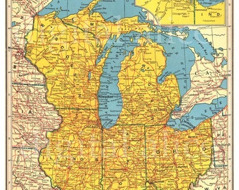 Vintage USA MAP - Oostelijke Centrale Staten - Instant Download Digital Printable-Illinois, Indiana, Ohio, Wisconsin, Kentucky, Mchigan
