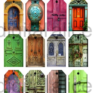 VINTAGE DOOR TAGS - Cartões digitais imprimíveis para download instantâneo, folha de colagem de etiquetas penduradas - Portas antigas coloridas e antigas - Arquitetural