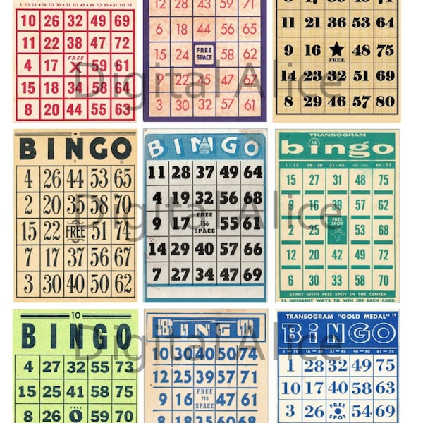 VINTAGE BINGO CARDS -Instant Download Printable - 9 Mini Game Cards and aceo atc trading card size - Digital Download Bingo DiY