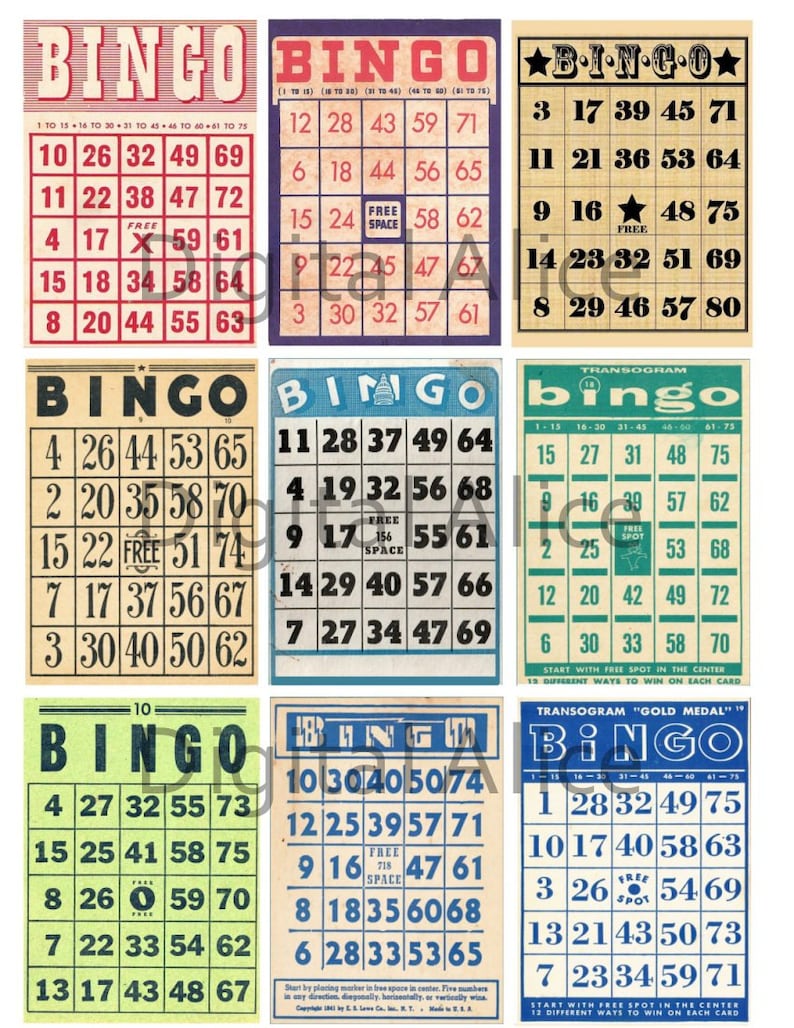 VINTAGE BINGO CARDS Instant Download Printable 9 Mini Game Cards and aceo atc trading card size Digital Download Bingo DiY image 1