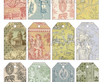 May include: A collection of twelve decorative gift tags with a Toile de Jouy design. Each tag features a different vintage illustration in shades of red, blue, green, and yellow. The tags have a hole at the top for stringing.
