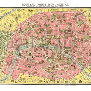 Antique PARIS MAP - Old Pictorial Map of Paris FRANCE -  Instant Download Digital Printable Pictorial French  Map