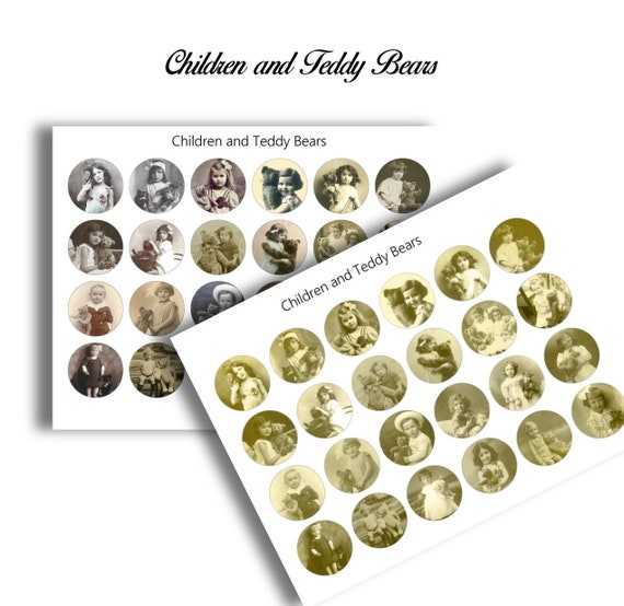 Antique TEDDY BEAR PHOTOS Girls with Teddies Craft Circles - Victorian Photographs- Digital Printable Bottlecaps Cupcakes Collage Sheet