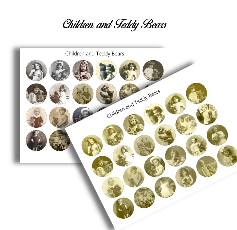 May include: A sheet of paper with 36 round stickers featuring vintage black and white photos of children with teddy bears. The stickers are arranged in a grid pattern and have a light brown background. The text "Children and Teddy Bears" appears at the top of the sheet.