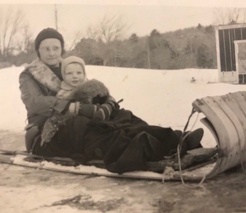 cute vintage SNAPSHOT Photograph OLD PHOTO cute 1930/'s mom and baby on Toboggan Sled Free Shipping 4.25 X 2.75 in