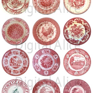 ANTIQUE RED PLATES Craft Circles  -Instant Download Digital Printable-  -Bottlecaps Collage Sheet - 4 sizes - Red Transferware