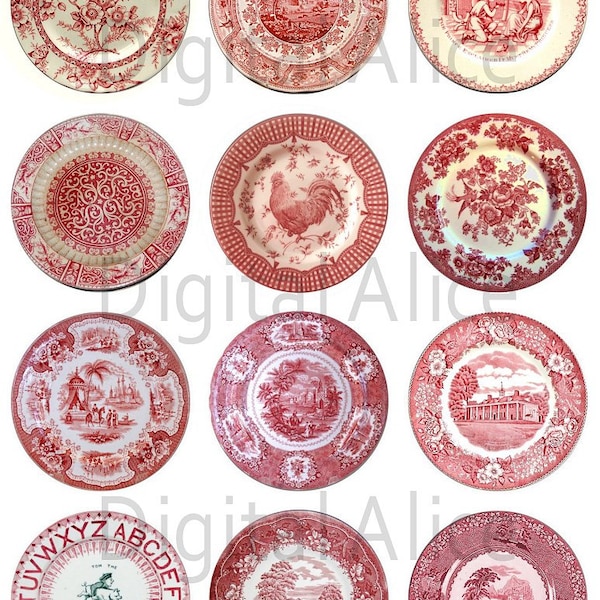 ANTIQUE RED PLATES Craft Circles  -Instant Download Digital Printable-  -Bottlecaps Collage Sheet - 4 sizes - Red Transferware