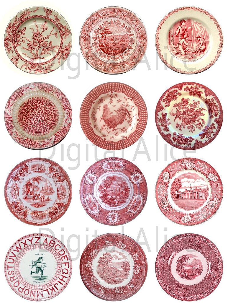 ANTIQUE RED PLATES Craft Circles  -Instant Download Digital Printable-  -Bottlecaps Collage Sheet - 4 sizes - Red Transferware
