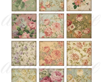 Shabby ANTIQUE ROSES DOWNLOAD -Digital Collage Sheet, Instant Download Digital Printable 1 and 2 inch squares, pendant,tag,sticker more-