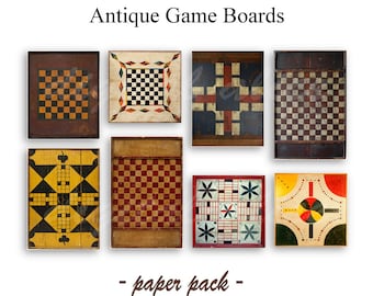 ANTIQUE GAME BOARDS - Digital Paper Pack -8 Painted Folk Art Checker Boards , Parcheesi - Printable Papers,Instant Download Digital