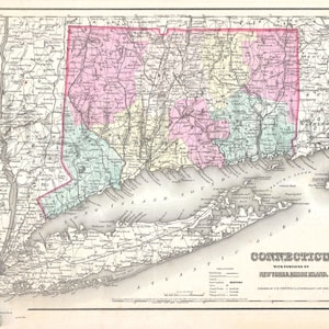 Vintage CONNECTICUT and LONG ISLAND MAp - Old Map 1855 Ct and Long Island -  Instant Download Digital Printable Map