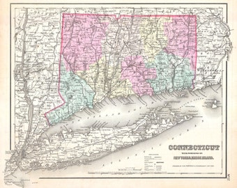 Vintage CONNECTICUT and LONG ISLAND MAp - Old Map 1855 Ct and Long Island -  Instant Download Digital Printable Map